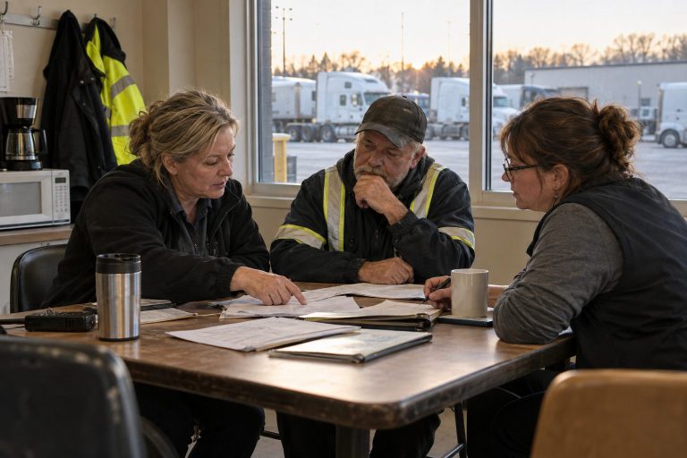 Three colleagues around a table reviewing notes at the end of a shift