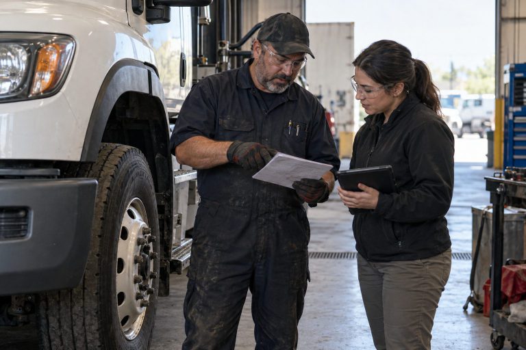 A technician and a colleague reviewing a maintenance checklist beside a truck