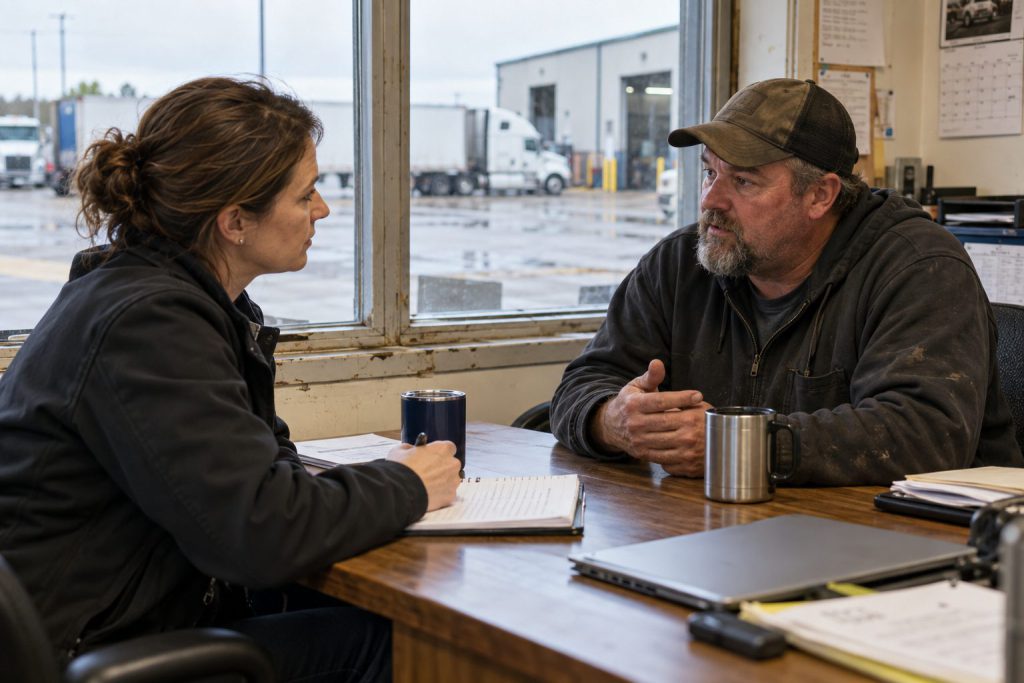 Two people in a one-to-one consultation at a table