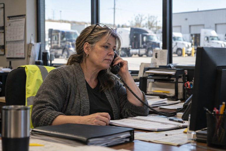 A person on a phone call at a desk with service paperwork