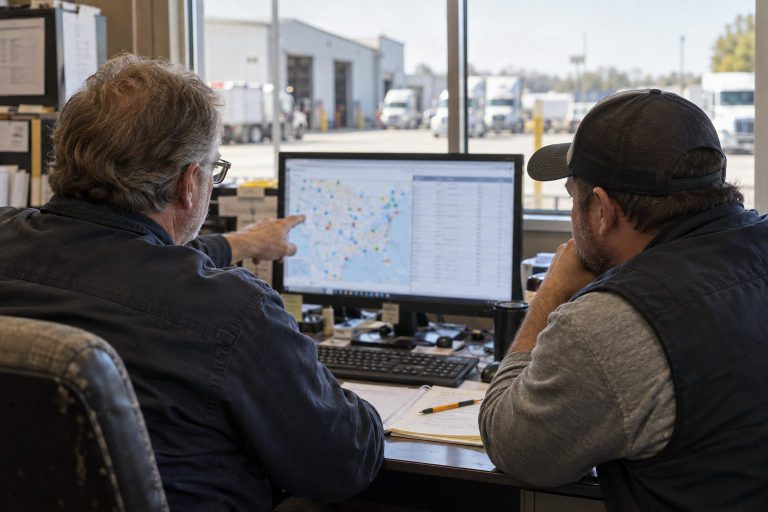 Two people reviewing a fleet map on a computer screen in an office