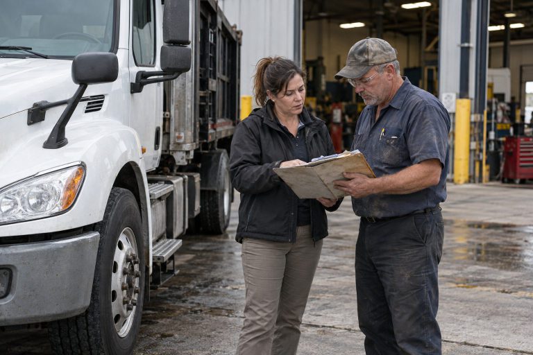 Two people reviewing service paperwork in a shop bay