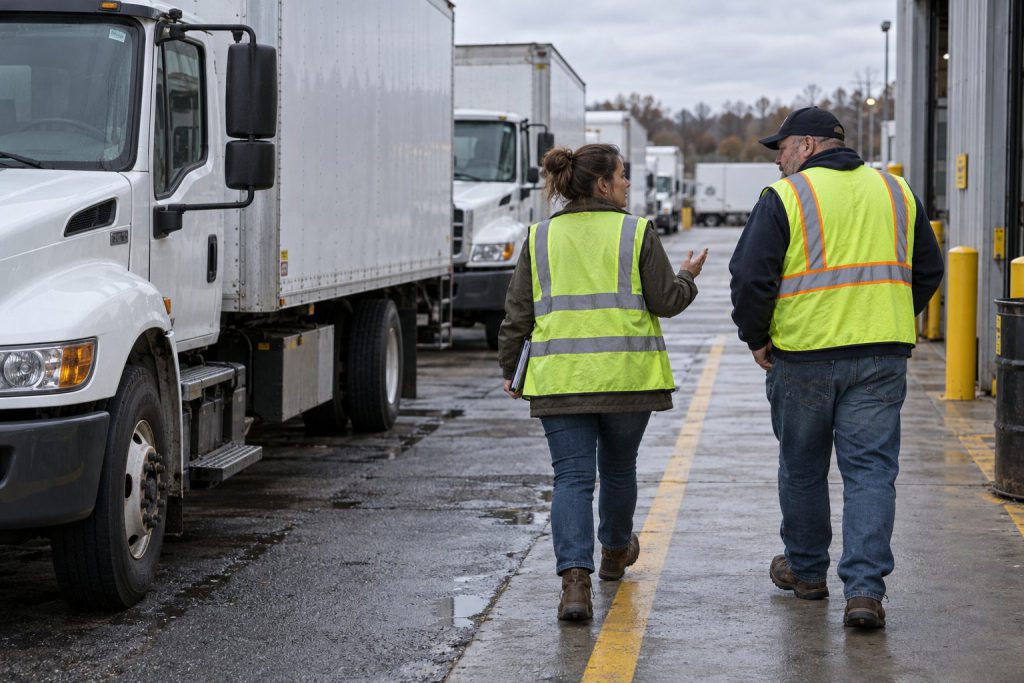Two people in high-visibility vests walking past a commercial truck in a fleet yard