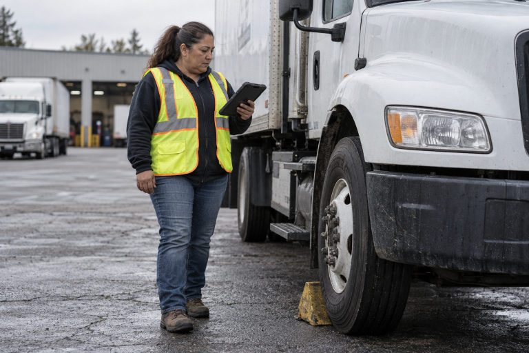 A fleet worker in a high-visibility vest holding a tablet beside a truck