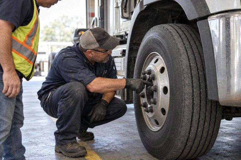 A technician crouching to inspect a heavy truck tire