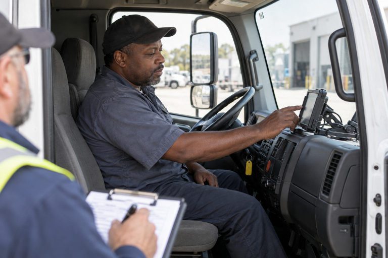 A driver in a truck cab checking an in-dash system while another person takes notes