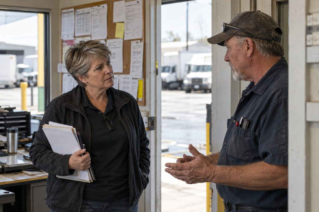 A manager with a notebook listening to a shop worker in a doorway