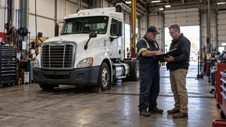 Two people talking beside a white truck in a maintenance bay