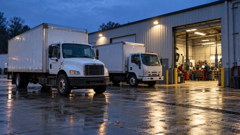 A fleet maintenance facility at dusk with its lights on and trucks parked outside