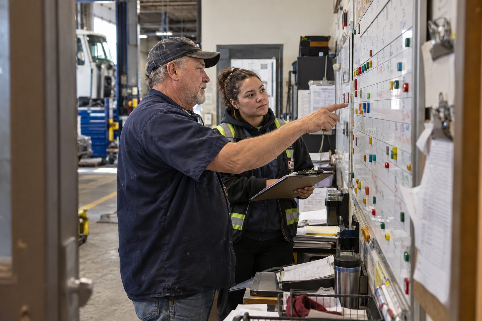 Two people at a maintenance planning board in a shop office, one pointing at a card