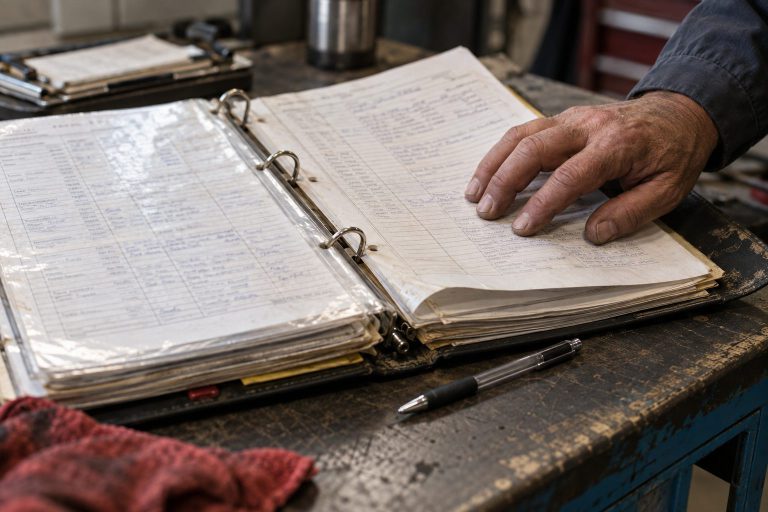 A hand resting on an open binder of maintenance records