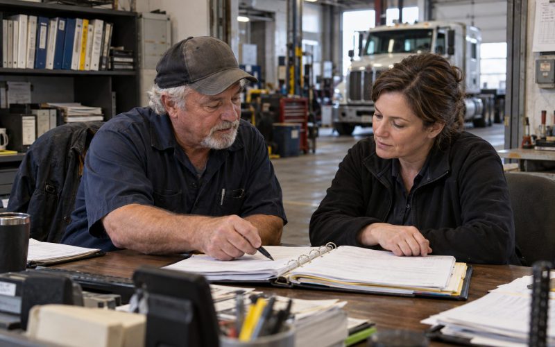 Two people going through a binder during a management handover