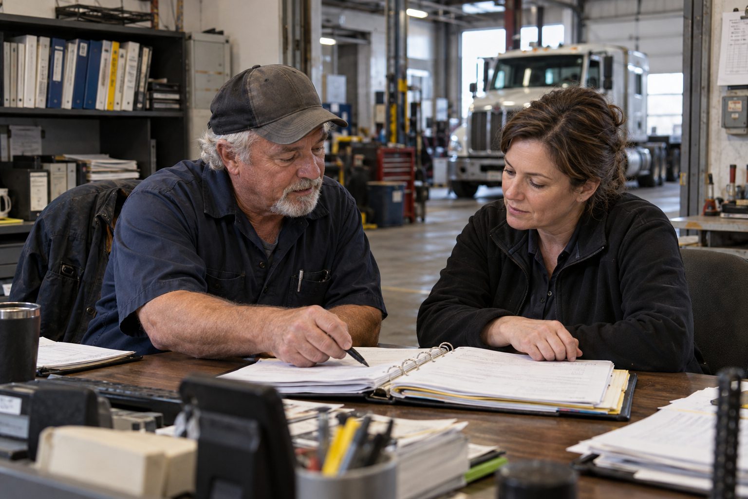 Two people going through a binder during a management handover