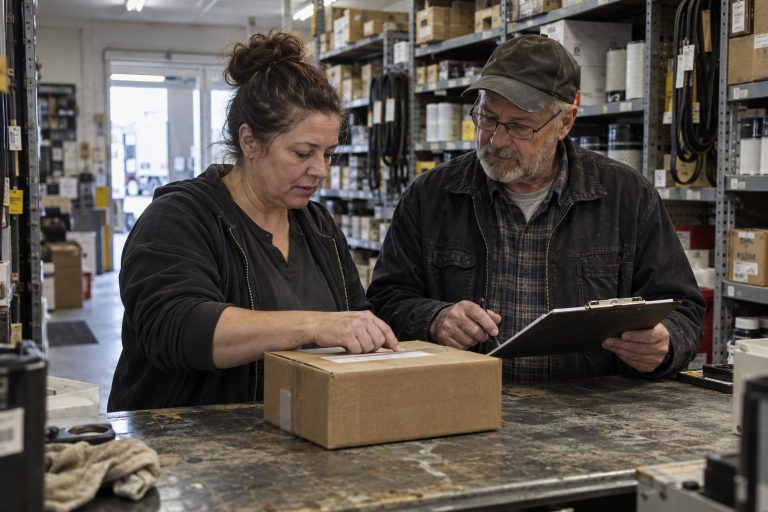 Two people checking a delivered box in a shop parts room
