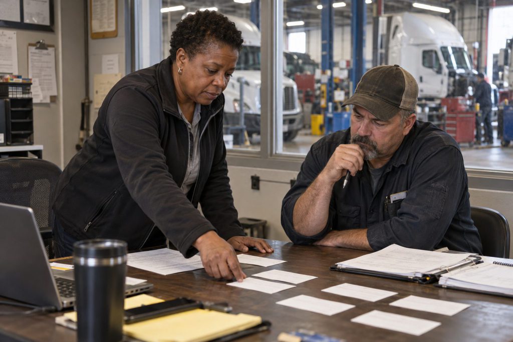 Two colleagues planning a process with cards and notes spread on a table