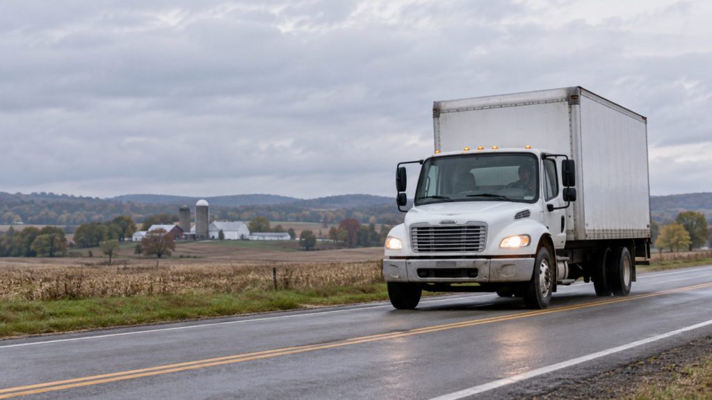 A white box truck driving along a regional road past farmland
