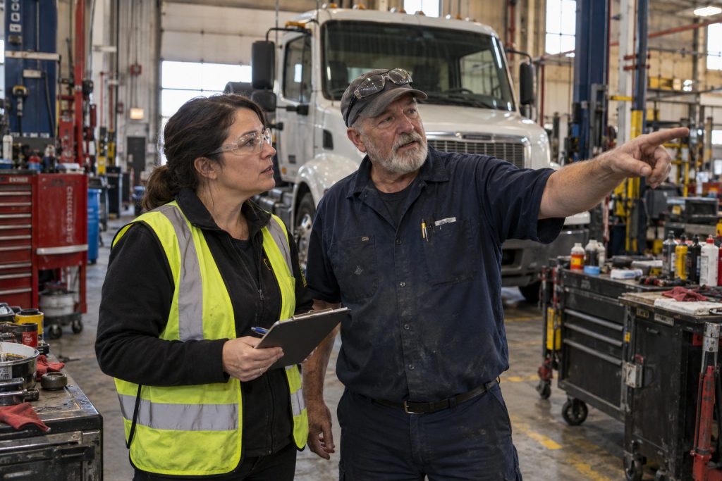 Two people in a truck maintenance shop discussing the work, one pointing across the bay