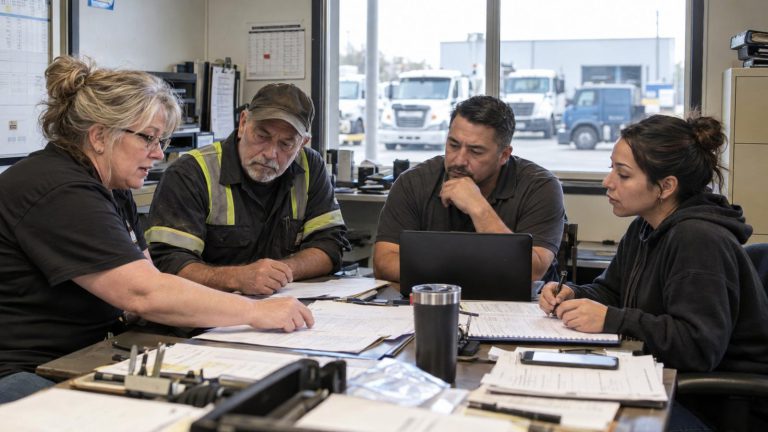 Four colleagues at a weekly operations meeting with documents spread on the table