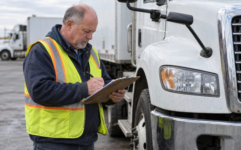A person in a high-visibility vest making notes on a clipboard beside a commercial truck