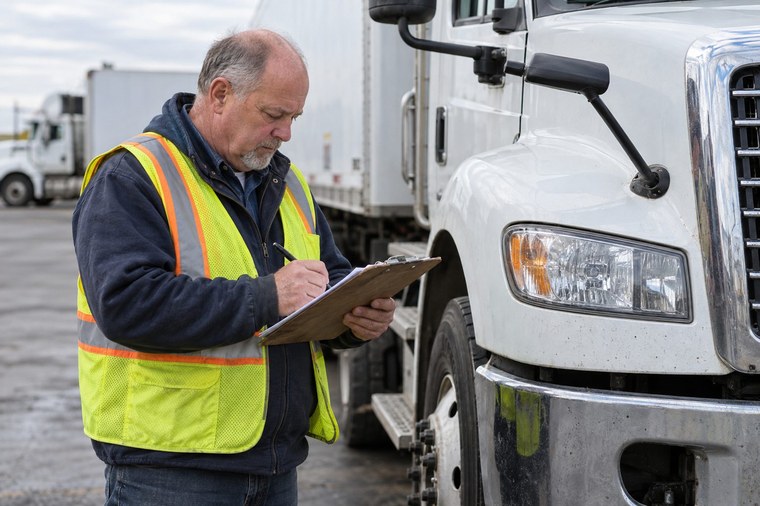 A person in a high-visibility vest making notes on a clipboard beside a commercial truck
